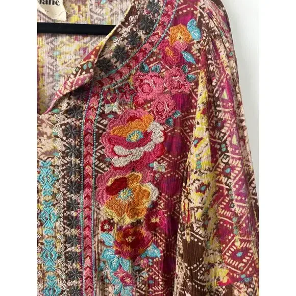 Savanna Jane S Aztec Floral Embroidered Top Bell Sleeve Shirt Tunic Boho D45 - Picture 2 of 8